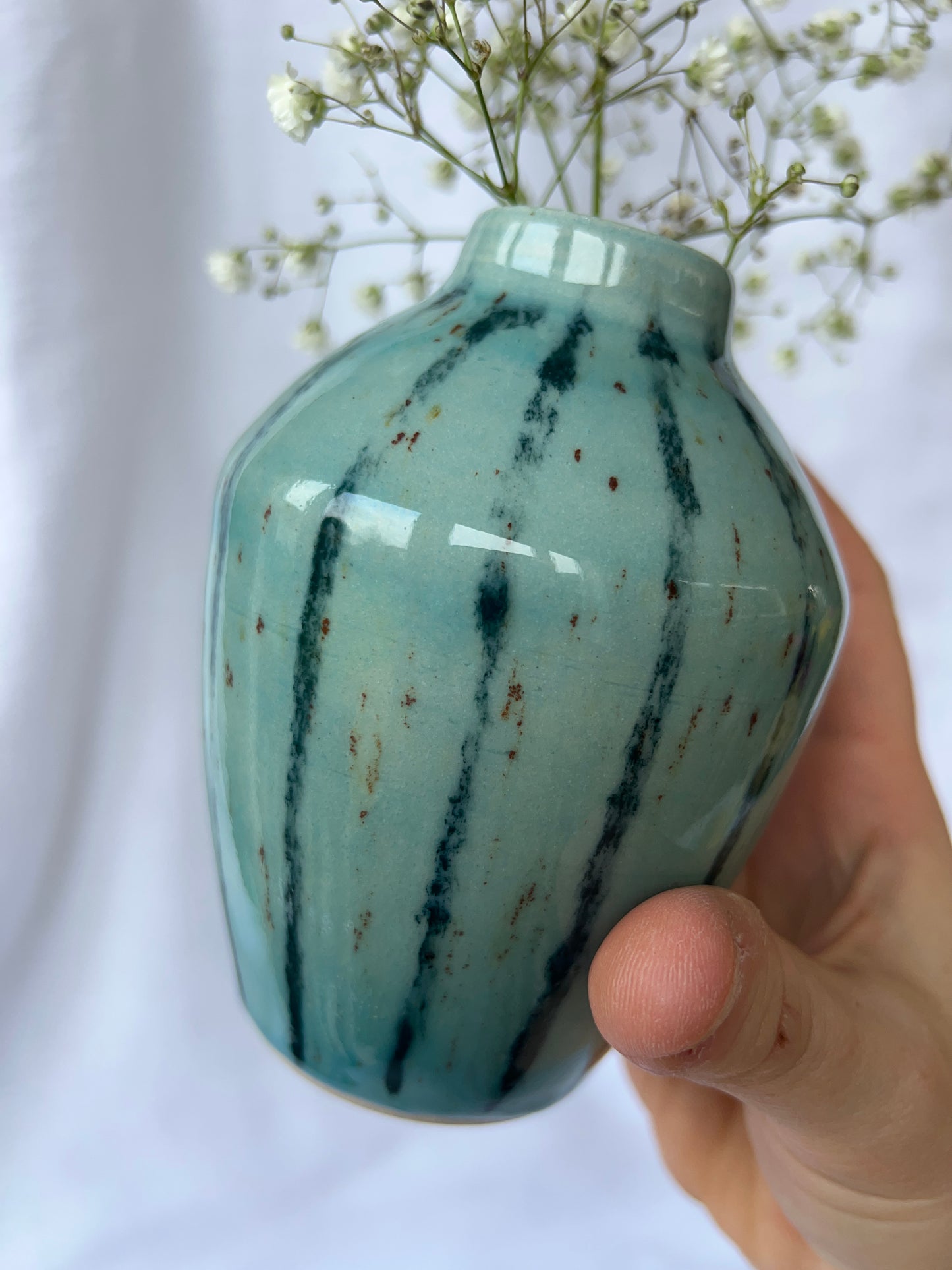 Speckled blue striped bud vase